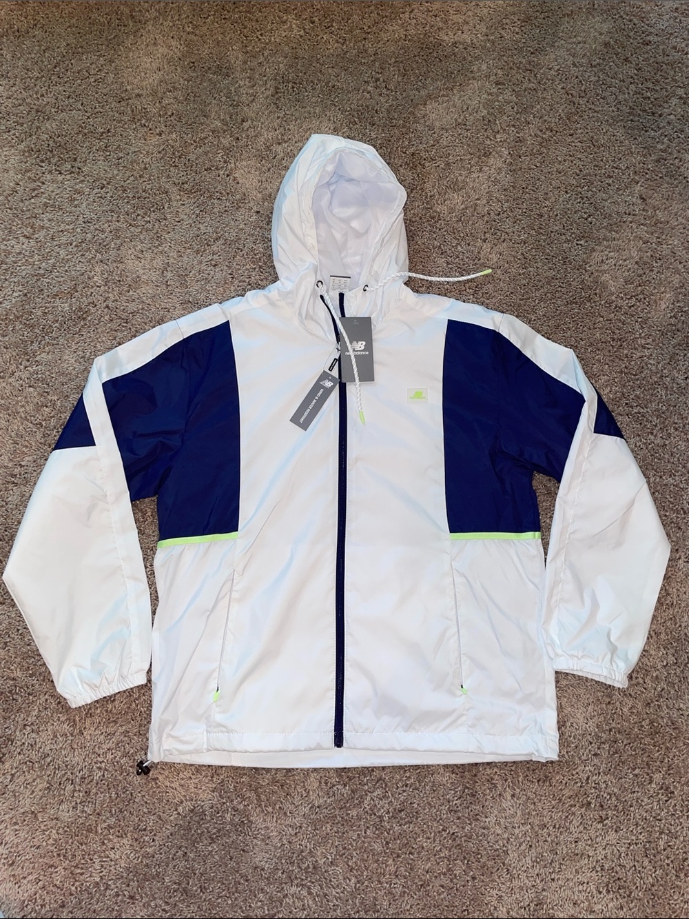 New Balance White Navy Windbreaker with Lime Accents